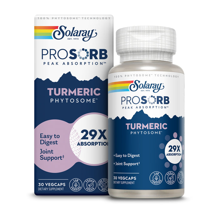 A bottle and box of Solaray ProSorb Turmeric Phytosome featuring Meriva Phytosome, labeled for Easy to Digest, Joint Support, and 29X Absorption. It contains 30 veggie capsules with a mainly blue and white design.