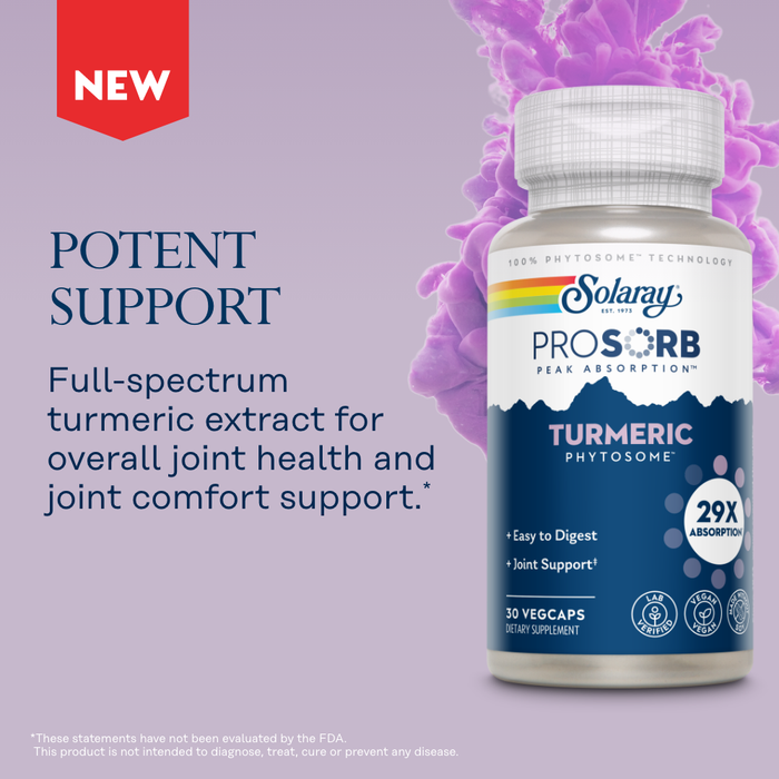Promotional image for Solaray Prosorb turmeric supplement, featuring a bottle on the right against a purple floral background. Text highlights "potent support" for joint health and comfort, stating it's easy to digest with 29x absorption.