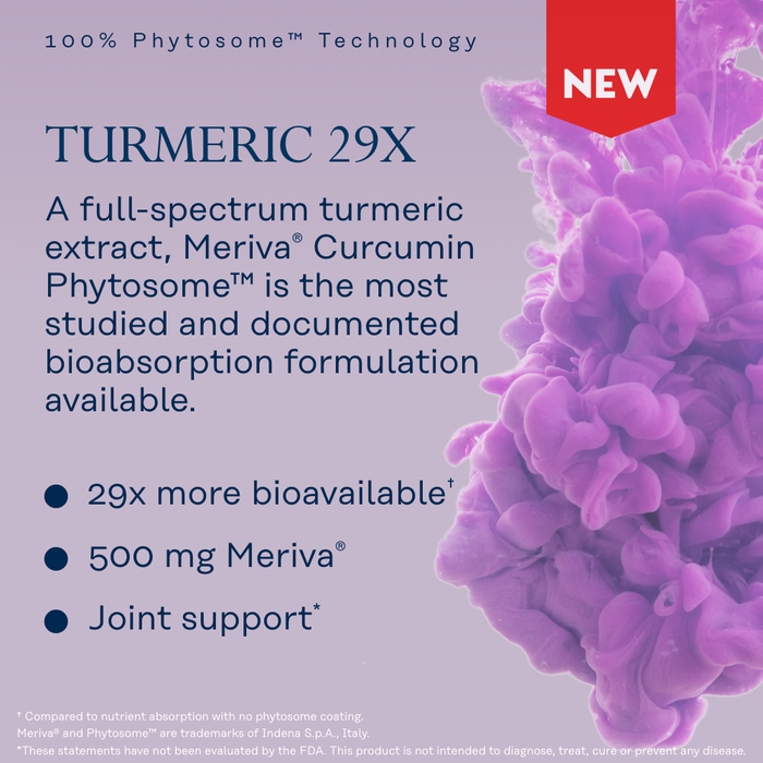 Image of a purple flower-like structure with text about a product called Turmeric 29X. It highlights features like bioavailability, joint support, and Meriva Curcumin Phytosome™. A "NEW" red label is in the top right corner.
