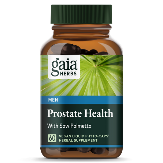Gaia Herbs Prostate Health is a vegan liquid phyto-caps supplement for men containing 60 capsules, featuring Saw Palmetto. The label, designed with a green palm leaf, emphasizes prostate health maintenance.