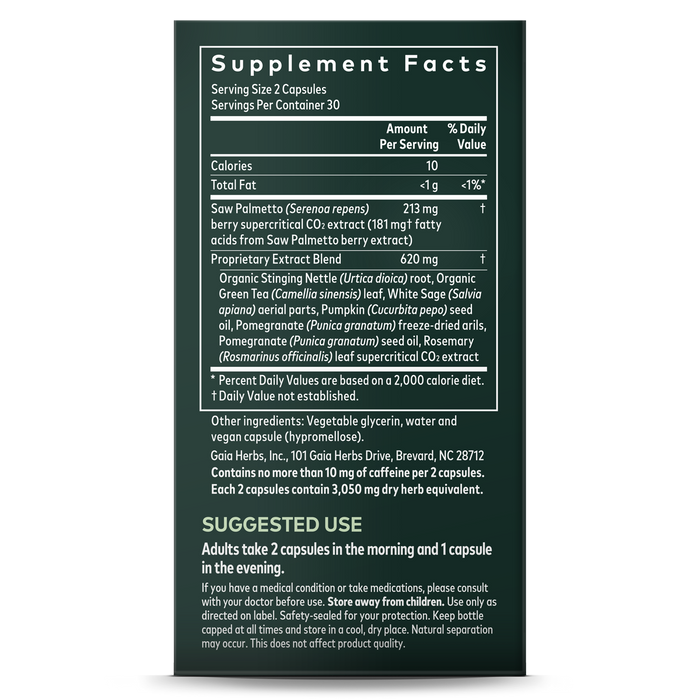 Gaia Herbs Prostate Health features a Supplement Facts label highlighting ingredients like Saw Palmetto and a Proprietary Extract Blend to support prostate health. Recommended use is morning and evening capsules, with usage warnings included for this herbal supplement.