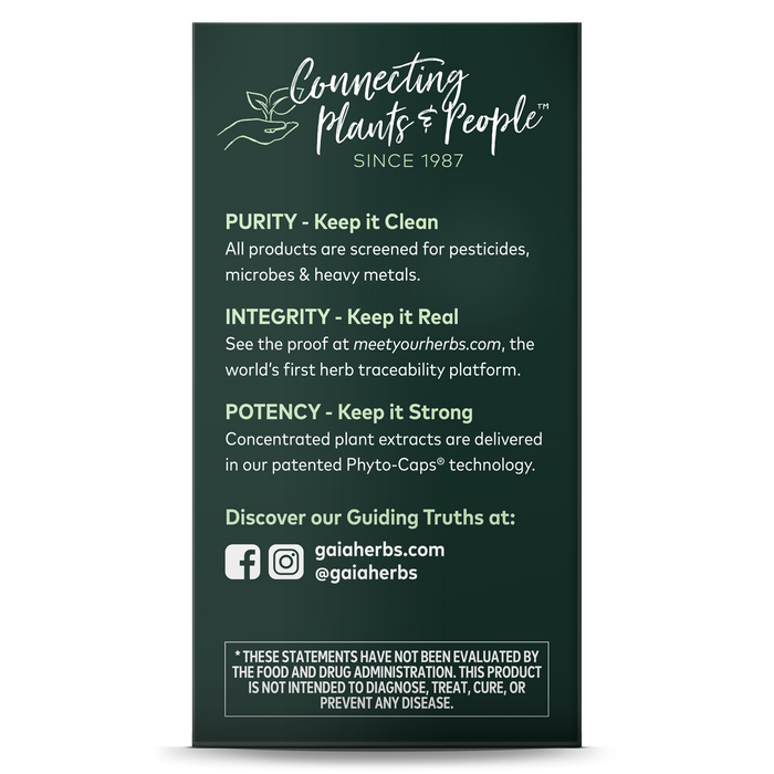 A Connecting Plants & People sign defines Gaia Herbs since 1987, emphasizing Purity, Integrity, and Potency. It mentions Prostate Health herbal supplements like Saw Palmetto. Includes social media and FDA disclaimer. Background is dark green with white text.