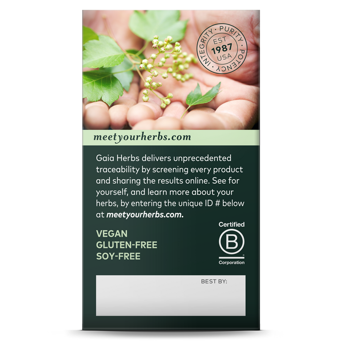 The Gaia Herbs Prostate Health label shows a hand holding leaves and flowers, emphasizing traceability. The product is vegan, gluten-free, soy-free, and supports prostate health as an herbal supplement. Visit the website for more info; theres also space for the best-by date.