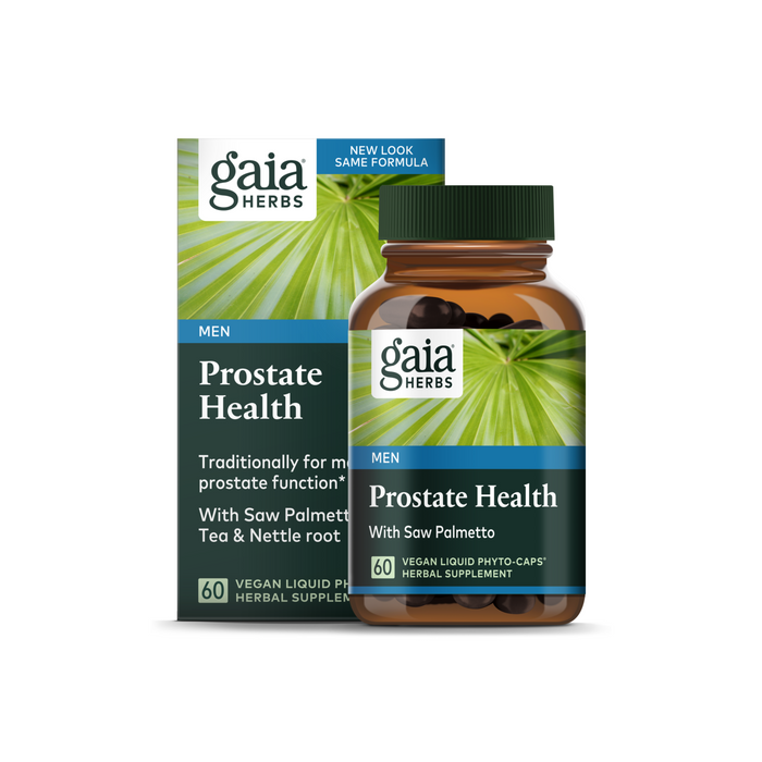 Gaia Herbs Prostate Health herbal supplement for men with Saw Palmetto, green tea, and nettle root is packaged in green and blue. It includes 60 vegan liquid phyto-caps.