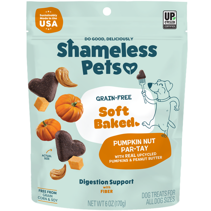 Shameless Pets Pumpkin Nut Par-Tay Soft-Baked Dog Treats are heart-shaped, made in the USA with all-natural, upcycled ingredients to support digestion.