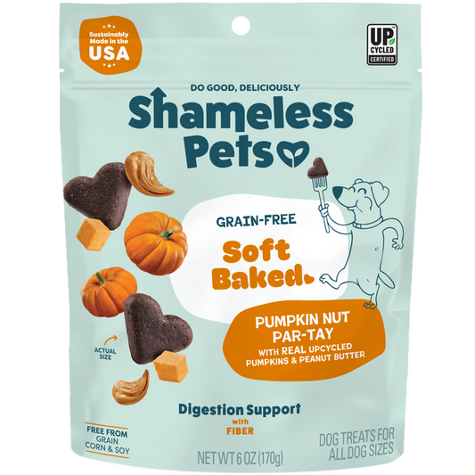 Shameless Pets Pumpkin Nut Par-Tay Soft-Baked Dog Treats are heart-shaped, made in the USA with all-natural, upcycled ingredients to support digestion.
