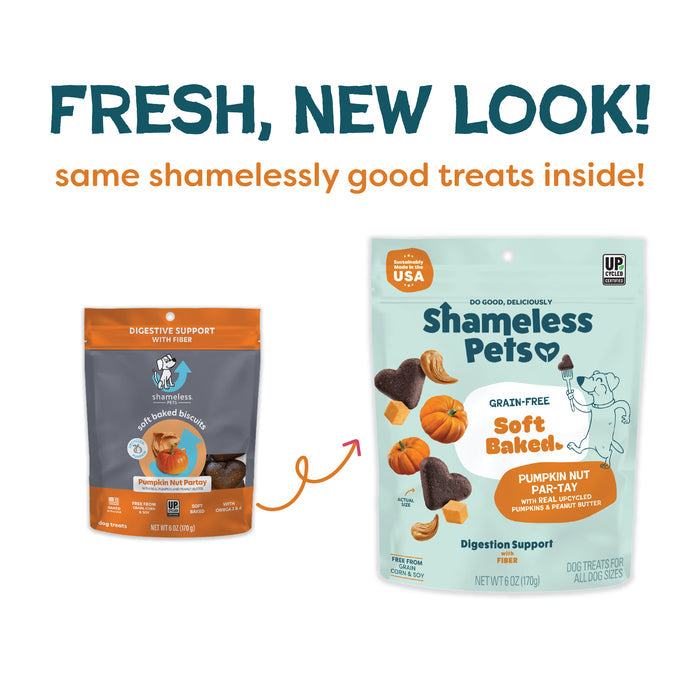 Two bags of Shameless Pets Pumpkin Nut Par-Tay Soft-Baked Dog Treats are shown. The old gray bag is left, the new light blue bag is right. Text above: Fresh, new look! Same all-natural treats with upcycled ingredients inside!.