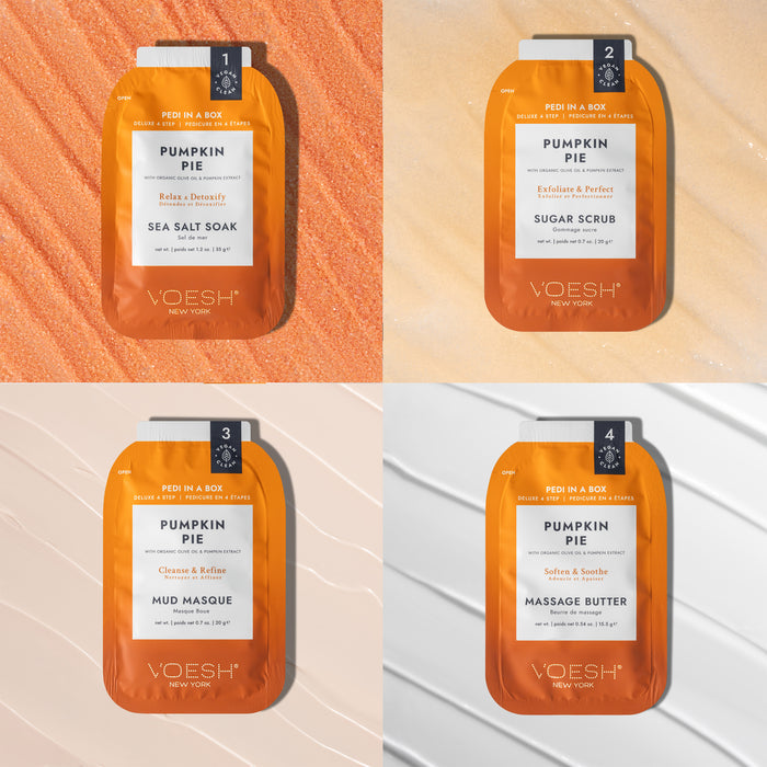 The Pumpkin Pie Duo with Nail Stickers by VOESH New York captures autumns essence. The set includes Sea Salt Soak, Sugar Scrub, Mud Masque, and Massage Butter. Each step is vegan and individually wrapped with numbers, set against vibrant textured backgrounds.