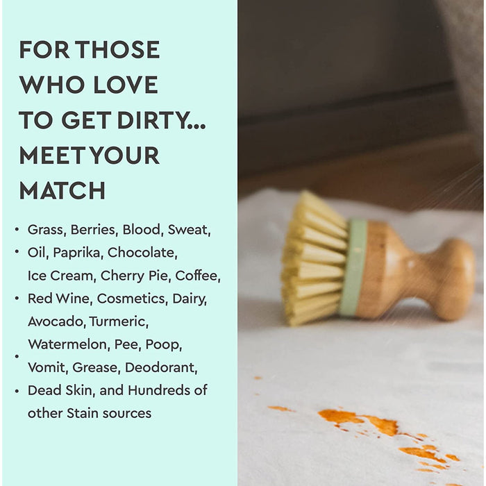 A scrub brush sits next to a stained cloth and a list of common stains, accompanied by Puracy Laundry Stain Remover Refill, Free & Clear, 48 fl. oz., to tackle even the toughest spots with its gentle, plant-based formula.