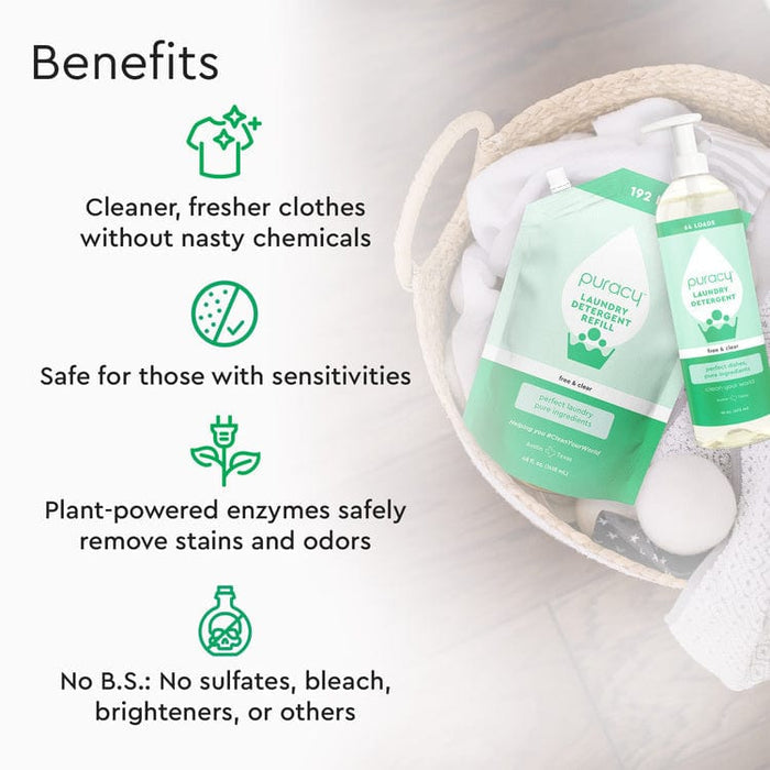 Puracy Natural Liquid Laundry Detergent with Stain Fighting Enzymes in a basket; offers benefits such as being a safe, plant-powered option that's perfect for sensitive skin and free of harsh chemicals.