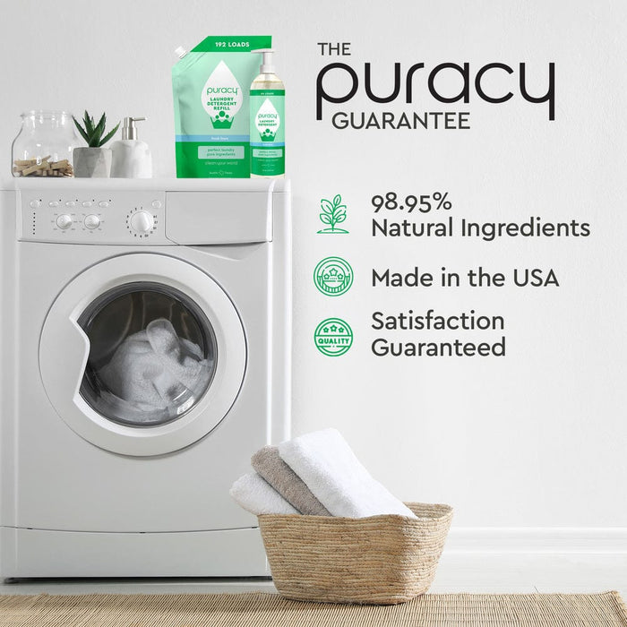 Laundry room featuring a 10x concentration washing machine, soft towels, and Puracy Natural Liquid Laundry Detergent with Stain Fighting Enzymes - Fresh Linen. Perfect for sensitive skin, its gentle formula ensures effective cleaning while maintaining fabric softness. Enjoy the pristine wash that cares for both clothes and skin alike.