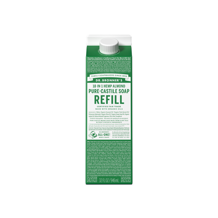 The Dr. Bronners Pure-Castile Liquid Soap Refill Carton features eco-friendly packaging, highlights its organic and fair-trade ingredients, and contains 32 fl oz (946 ml) of soap. The green and white rectangular carton has a white cap.