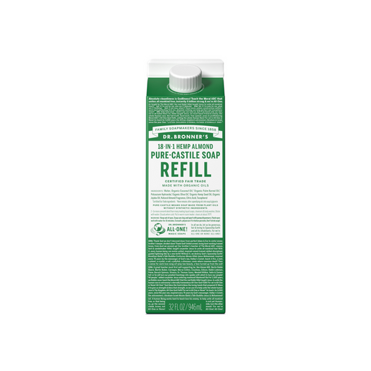 The Dr. Bronners Pure-Castile Liquid Soap Refill Carton features eco-friendly packaging, highlights its organic and fair-trade ingredients, and contains 32 fl oz (946 ml) of soap. The green and white rectangular carton has a white cap.