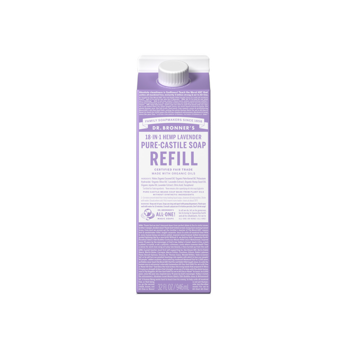 The Dr. Bronners Pure-Castile Liquid Soap Refill Carton, a rectangular lavender package labeled Family Soapmakers Since 1858 and Scented Fair Trade Soap Made with Organic Oils, offers eco-friendly packaging containing 32 fl oz (946 ml) of soap.