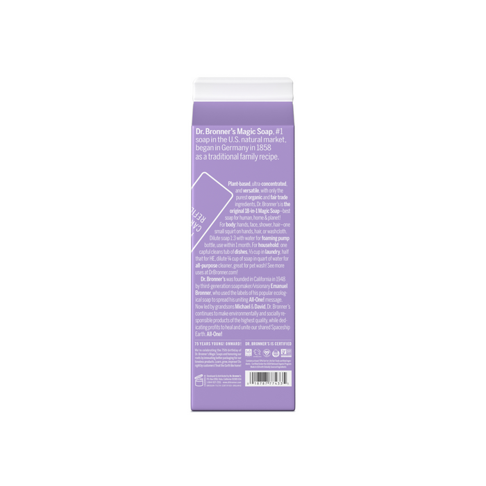 The image depicts the back of Dr. Bronners Pure-Castile Liquid Soap Refill Carton with a purple label featuring its plant-based, biodegradable formula and organic ingredients. Above the barcode is a brief brand history, all in eco-friendly packaging.