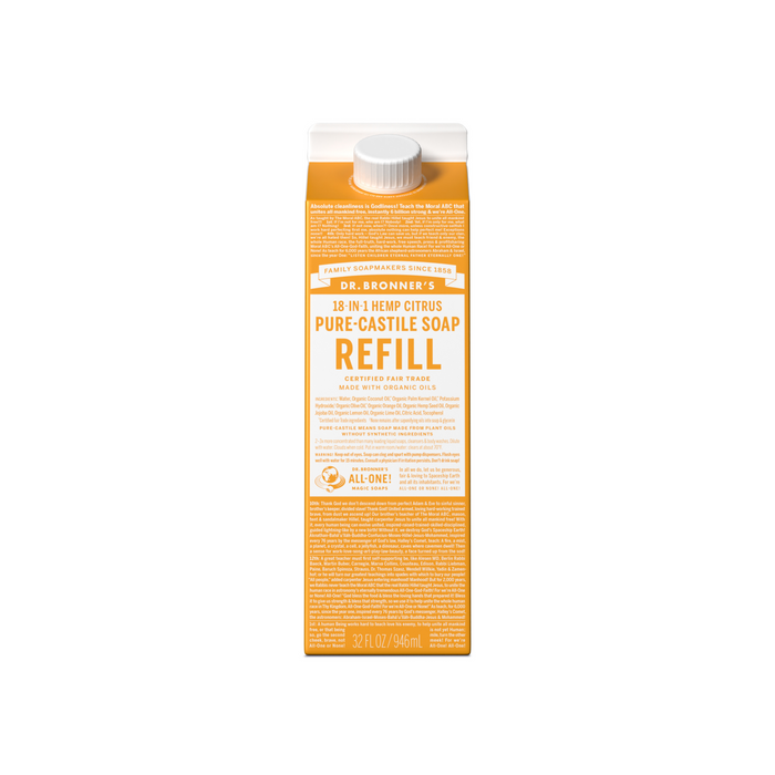 Dr. Bronners Pure-Castile Liquid Soap Refill Carton offers 32 fl oz (946 ml) of certified fair trade and organic soap in eco-friendly packaging, ensuring trusted quality for diverse uses.