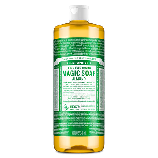 A 32oz bottle of Dr. Bronner’s Pure-Castile Liquid Soap features an almond scent, clear bottle with a white cap, amber liquid, and a green, white, and yellow label full of text. This vegan soap from Dr. Bronners is gentle and versatile.