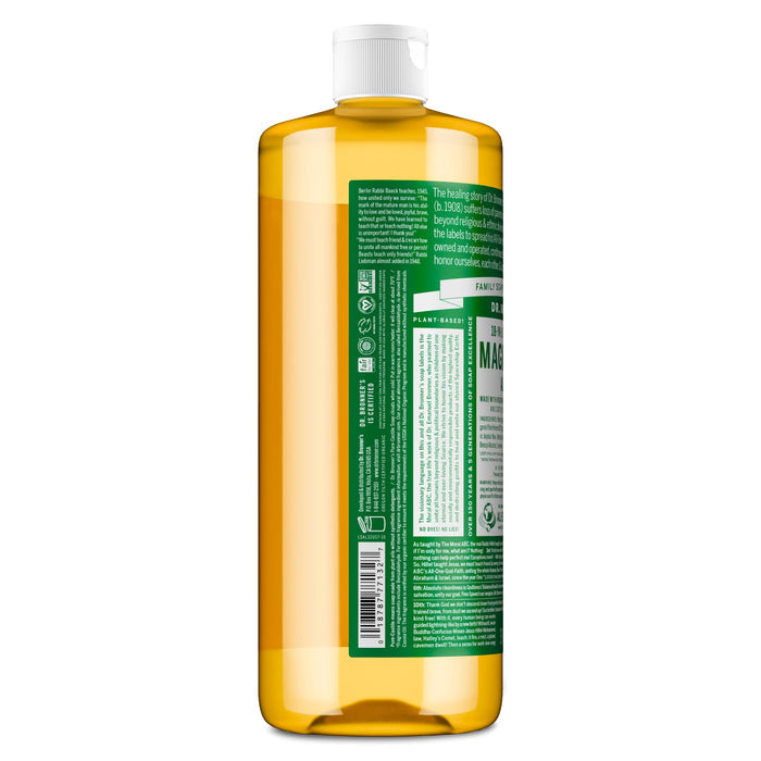 A clear amber bottle with a white cap displays Dr. Bronners Pure-Castile Liquid Soap. The green and white labels feature dense text and symbols, with the front label partially visible, highlighting its vegan soap formula.