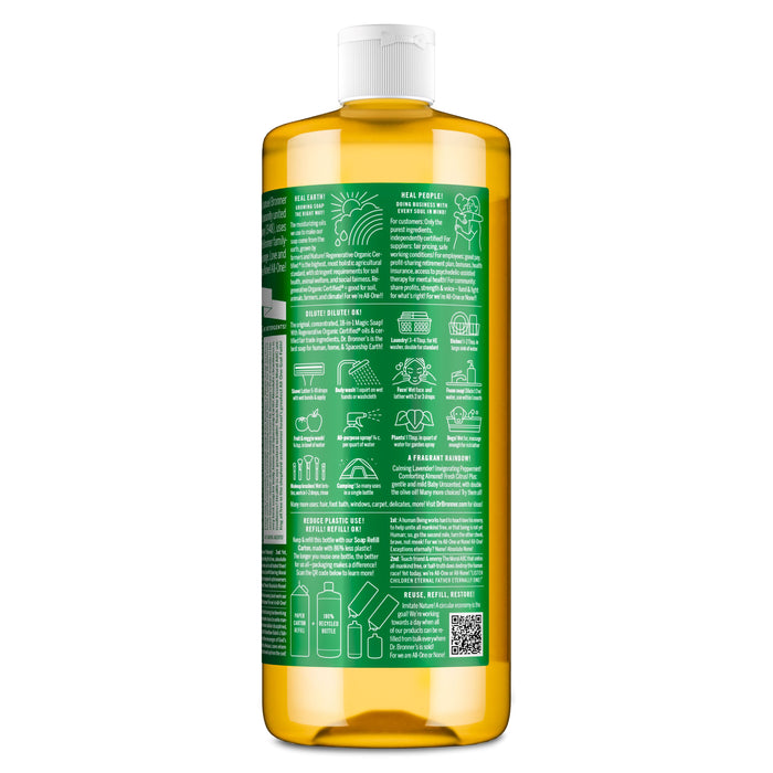 A tall, transparent yellow bottle with a white cap and a green label displays detailed white text and diagrams about the many uses of Dr. Bronners Pure-Castile Liquid Soap—a vegan, multi-use product with densely packed information.