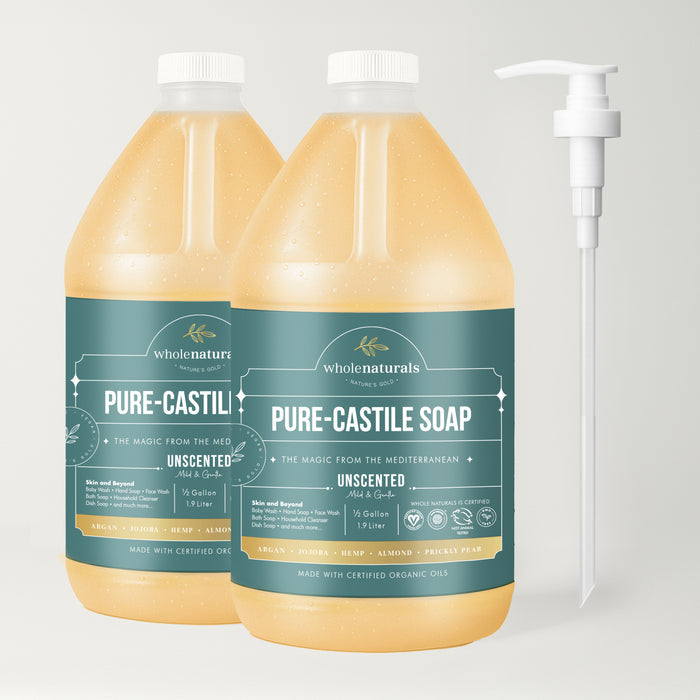Two 64 oz bottles of Whole Naturals Pure-Castile Soap with one pump