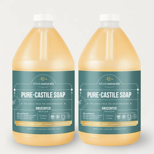 Two 64 oz bottles of Whole Naturals unscented Pure-Castile Soap