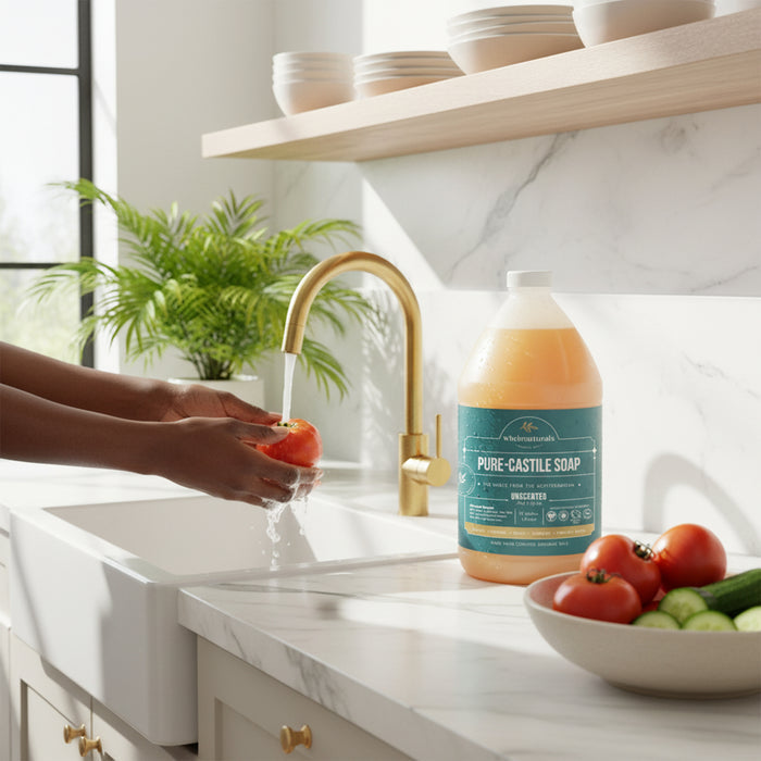 Hands rinsing a tomato under a kitchen faucet, with a 64 oz bottle of Pure-Castile Soap on the counter
