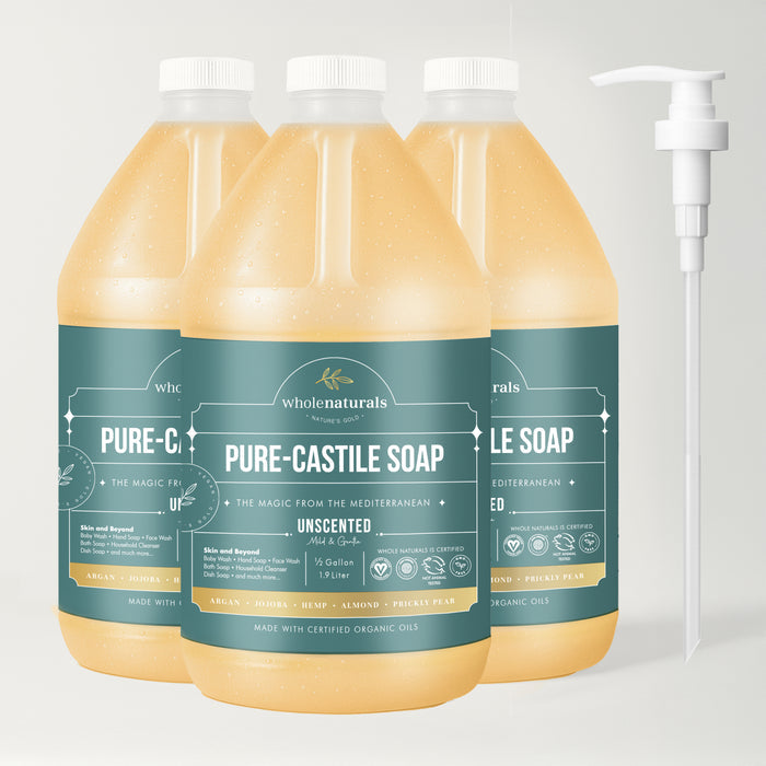 Three 64 oz bottles of Whole Naturals Pure-Castile Soap with one pump
