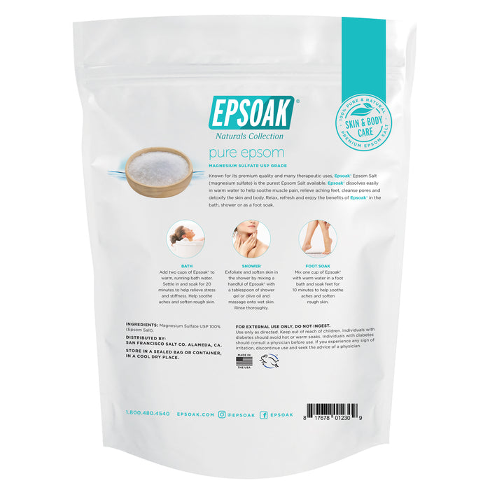 Back of a white San Francisco Salt Co Pure Epsom Salts - USP Grade bag, with relaxing soak, shower, and foot soak instructions, ingredients list, contact info, and a wooden spoon with Epsom salt for muscle pain relief.