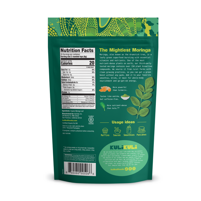 Back of a Kuli Kuli Foods Pure Moringa Organic Superfood Powder pouch shows nutrition facts, ingredients, product details, moringa leaf art, plant protein benefits, usage ideas (muffins, snacks, smoothies), and company contact info.