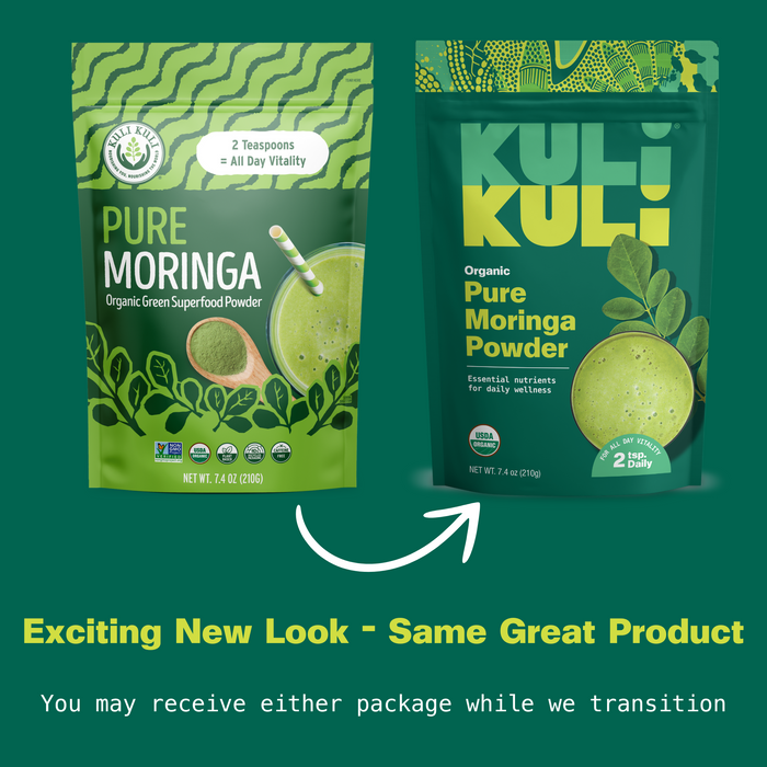 Two bags of Kuli Kuli Foods Pure Moringa Organic Superfood Powder appear side by side—old packaging on the left, new design on the right. Below: “Exciting New Look – Same Great Plant Protein Product.”.