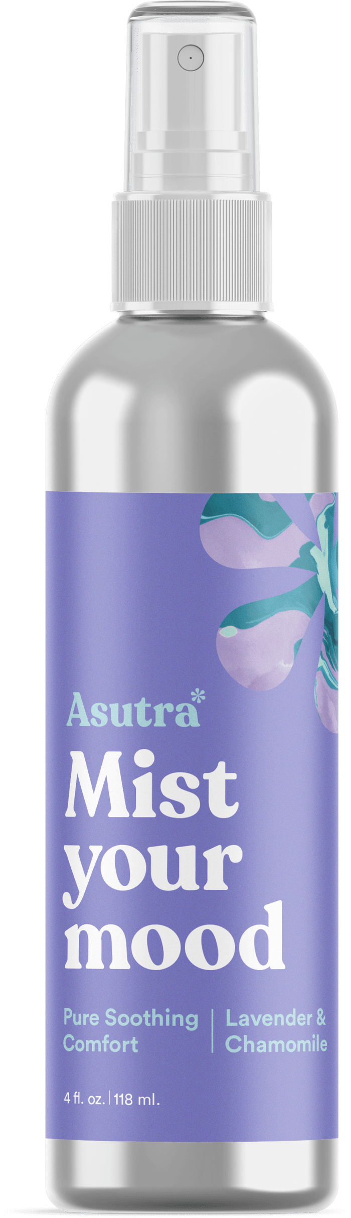 A silver spray bottle by Asutra, labeled Mist your mood, contains Pure Soothing Comfort Aromatherapy Mist, infused with vegan lavender and chamomile. The 4 fl. oz. (118 ml) bottle features a purple label with abstract floral artwork.