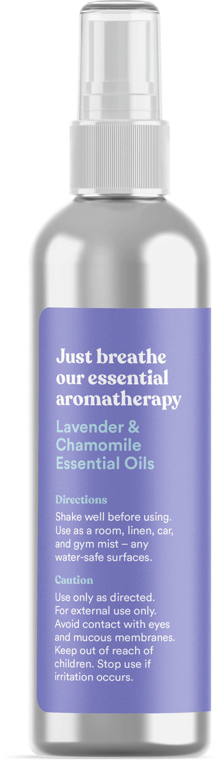 The sleek silver spray bottle with a blue label displays Just breathe our essential aromatherapy Lavender & Chamomile Essential Oils. Asutras Pure Soothing Comfort Aromatherapy Mist includes directions and caution details for a mindful, vegan spritz.