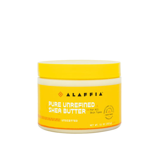 Alaffia Pure Unrefined Shea Butter is an ideal moisturizer for all skin types, especially dry skin. The unscented jar features a yellow design with black and white text, containing 11 oz (312 g) of product.