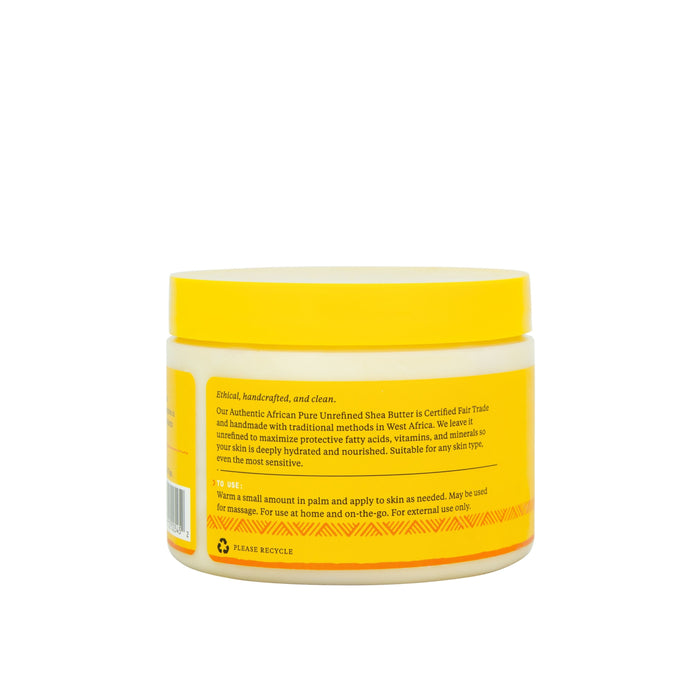 The Pure Unrefined Shea Butter by Alaffia comes in a white jar with yellow accents and lid. Its a fair trade, authentic African moisturizer, crafted using traditional West African methods to nourish and soothe dry skin.