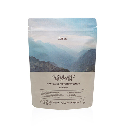 The 520g Form Nutrition Pureblend Protein is a vegan, unflavored powder with organic pea protein, ideal for plant-based diets. Its packaging features a mountain landscape, highlighting its natural essence.