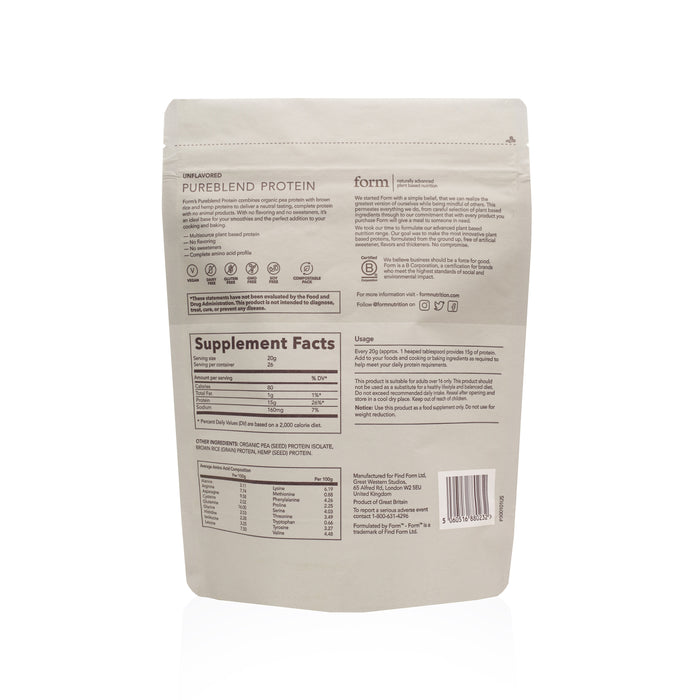 Back view of a beige and brown Pureblend Protein pouch by Form Nutrition, featuring nutritional info, supplement facts, and usage instructions for vegan powder made with organic pea protein. The upright dietary supplement pouch has a resealable top.