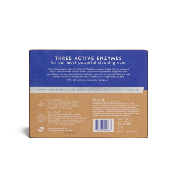 The image shows the back of a Grove Co. PurePower Enzymatic Laundry Detergent Sheets box with a blue and brown design. It features Three Active Enzymes, bio-based cleansers for effective cleaning, usage details, benefits, a barcode, and recycling symbols highlighting its eco-friendly nature.
