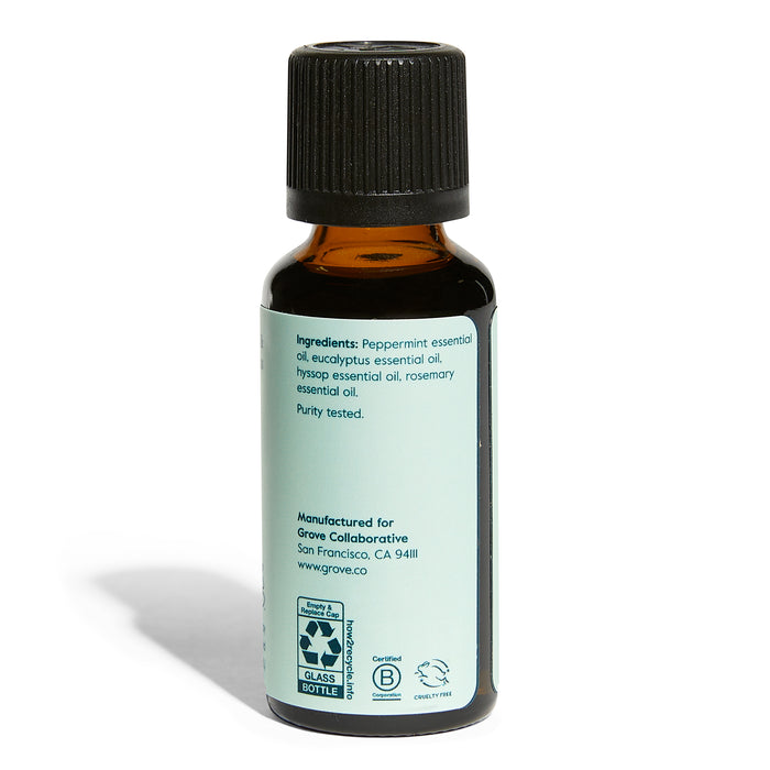 Grove Co.s Purify Essential Oil Blend, in a small brown glass bottle with a black cap, is ideal for aromatherapy. It includes peppermint, eucalyptus, hyssop, and rosemary oils with Purity tested on the label. Manufacturer details and website offer more information.
