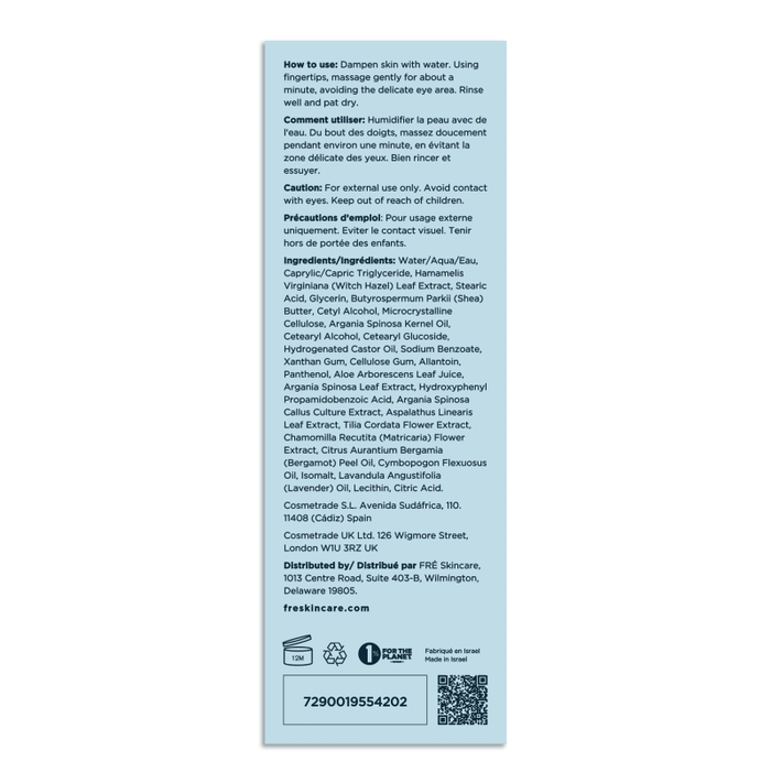 The image displays the back of the PURIFY ME Hydrating Facial Cleanser package from FRÉ Skincare with usage instructions, ingredients, cautions, and Argania Active Complex. The text is in English and French, includes company contact information and a barcode. This cleanser minimizes pores.