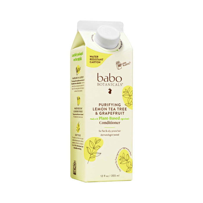 Babo Botanicals Purifying Conditioner for Flat, Oily Hair comes in a green and yellow eco-friendly carton. This 12 oz / 355 ml lightweight, plant-based formula is dermatologist-tested and perfect for flaky, itchy-prone scalps.