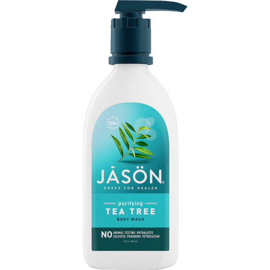 The Jason Purifying Tea Tree Body Wash features a pump dispenser and a teal-white label with a leaf graphic. Infused with tea tree oil and 100% Virgin Olive Oil, its an organic, vegan product free from phthalates, sulfates, parabens, petroleum, and is cruelty-free.