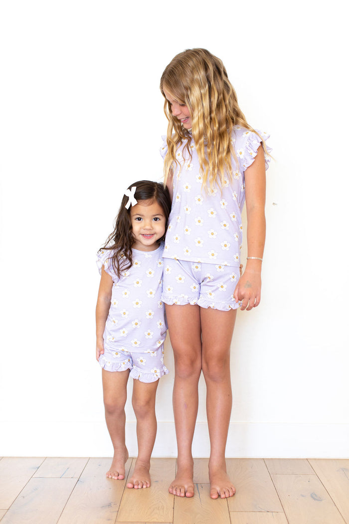 PURPLE CHECKER DAISY | RUFFLE SHORT SET