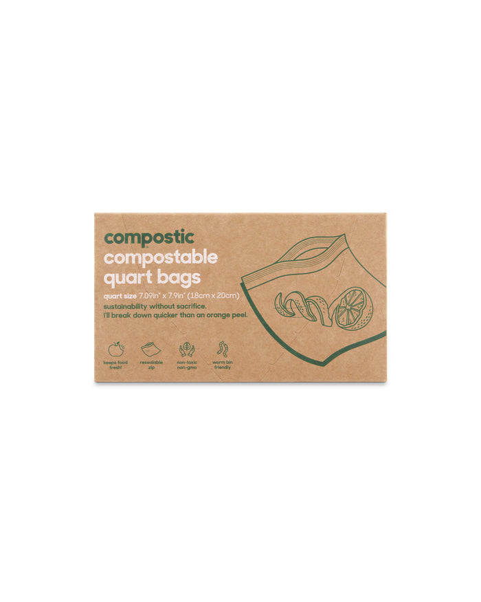 A Compostic Quart Bags box features green text and an image of a bag with leaves and fruit peels. Made from plant-based materials, it highlights its eco-friendly, home-compostable benefits with dimensions of 7x8 (18cm x 20cm).
