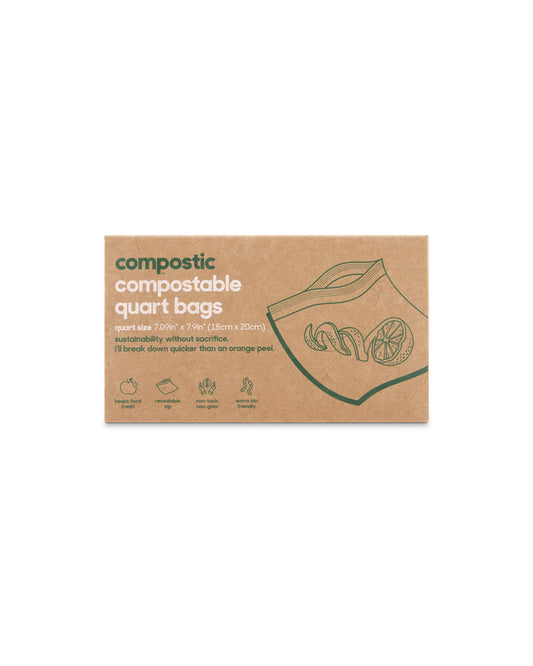 A Compostic Quart Bags box features green text and an image of a bag with leaves and fruit peels. Made from plant-based materials, it highlights its eco-friendly, home-compostable benefits with dimensions of 7x8 (18cm x 20cm).
