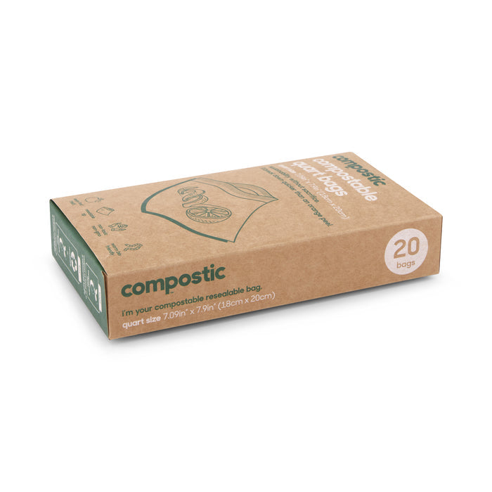 The Compostic Quart Bags come in a tan cardboard box featuring green text and a resealable bag illustration. This set includes 20 home-compostable bags made from plant-based materials, measuring 7.09 inches by 7.9 inches (18cm x 20cm).