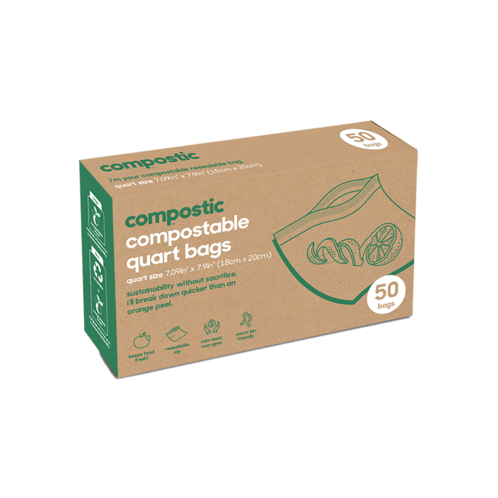 The Compostic brown box of home-compostable Quart Bags features green text, a food waste illustration, and highlights sustainability with plant-based materials. It includes 50 bags.