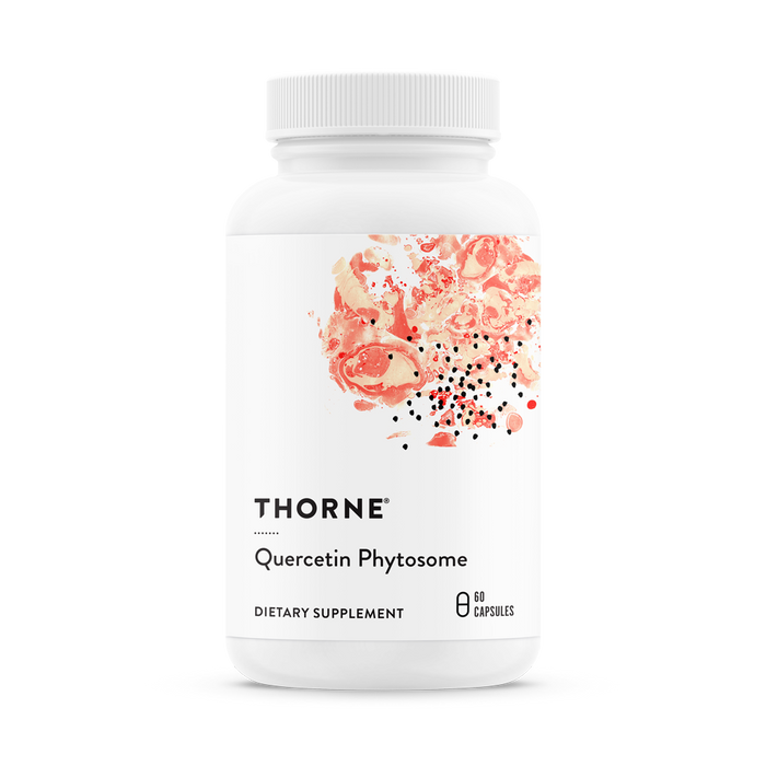 Thornes Quercetin Phytosome in a white bottle with orange and red floral graphics supports immune response. The label notes it as a Dietary Supplement containing 60 capsules enriched with antioxidant-rich quercetin.