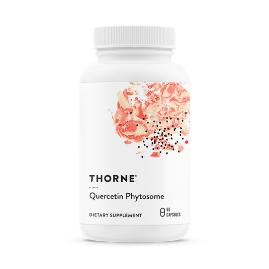 Thornes Quercetin Phytosome in a white bottle with orange and red floral graphics supports immune response. The label notes it as a Dietary Supplement containing 60 capsules enriched with antioxidant-rich quercetin.