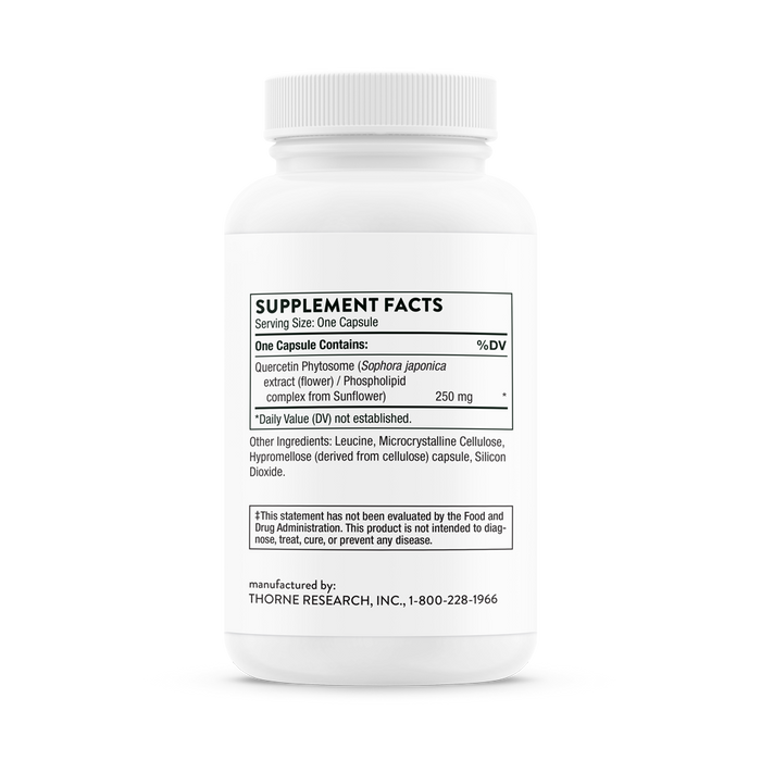 The white bottle features a supplement facts label and contains capsules with 250 mg Quercetin Phytosome each, enhanced by leucine and microcrystalline cellulose. Made by Thorne to support antioxidant benefits and boost your immune response.