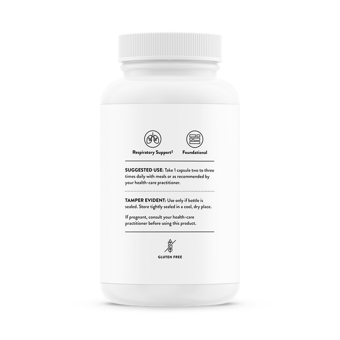 Thornes Quercetin Phytosome, in a white bottle with visible text, supports respiratory and antioxidant functions. Its gluten-free and enhances immune response. Recommended dose: one capsule up to three times daily with meals. Comes in tamper-evident packaging.
